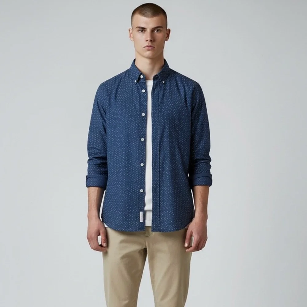 J.Crew Mercantile Flex‎ Button-Up Shirt Men’s Size S Blue Ditsy Numerical Print